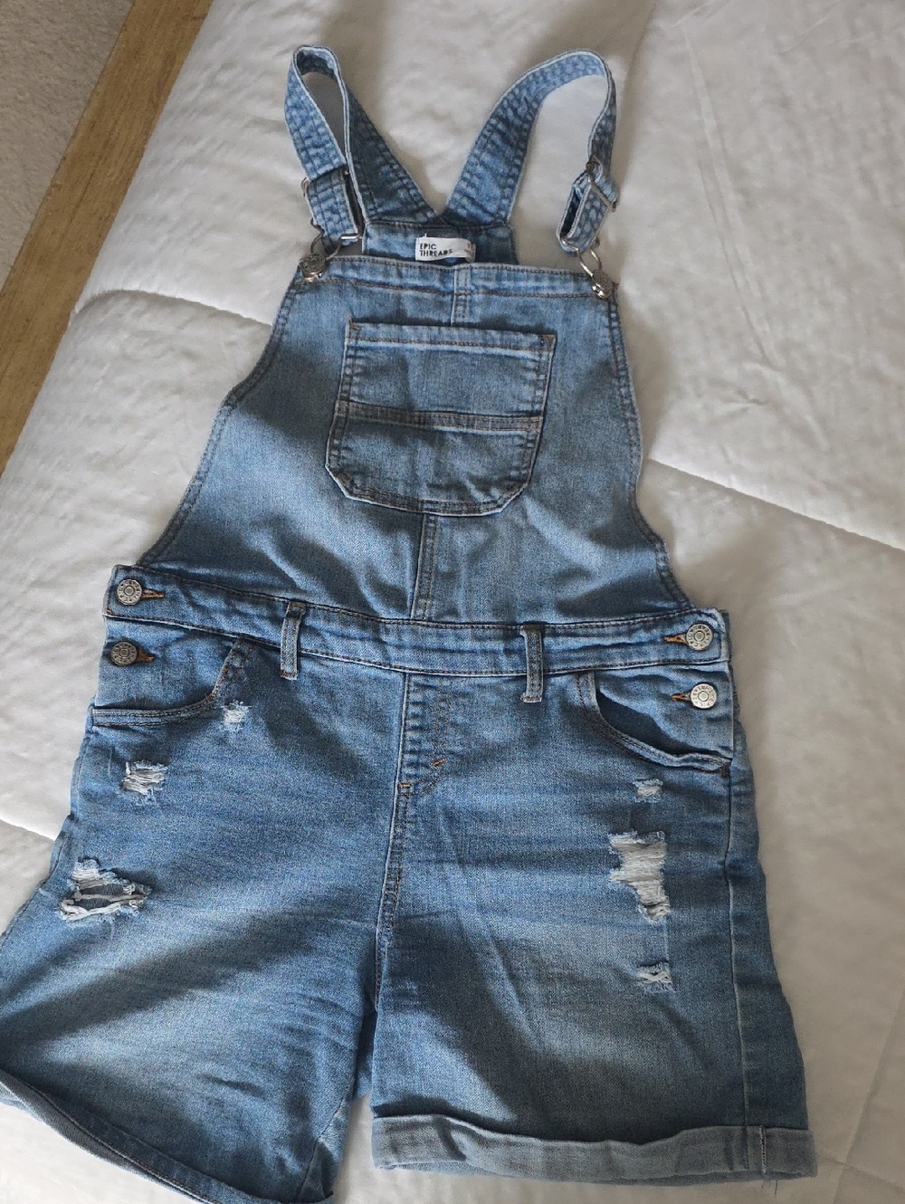 Epic Threads Light Blue Distressed Denim Kids Short Overalls